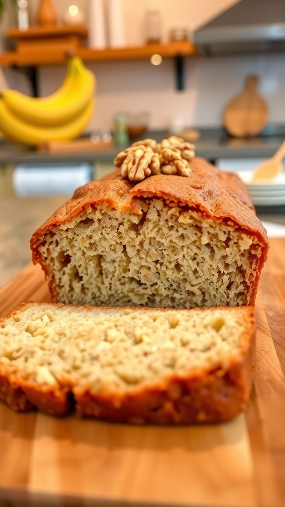 A loaf of low carb banana bread sliced, with banana slices and walnuts on a wooden board.